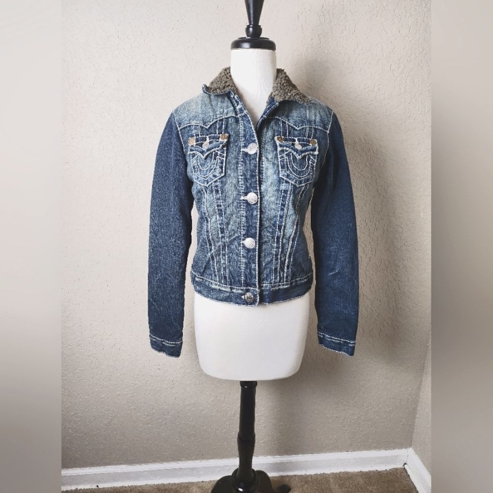 True Religion Sherpa Distressed Denim Jean Jacket Size M